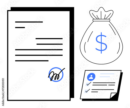 Financial document signed with a pen, checklist highlighting completed tasks, money bag symbolizing funds. Ideal for business, finance, contract, investment, agreement trust accountability. Simple