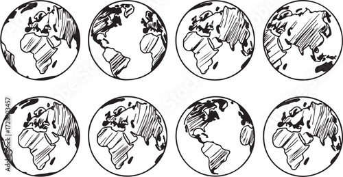 Earth Globe Sketch Set Vector Illustration with Hand Drawn Style on Transparent Background