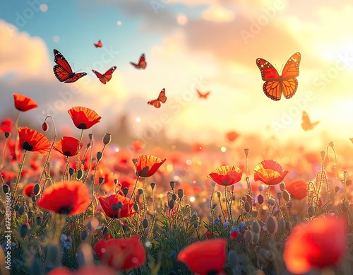 Wallpaper Mural A field of vibrant red poppies and monarch butterflies soars during a beautiful sunrise, creating a peaceful and enchanting scene. Torontodigital.ca