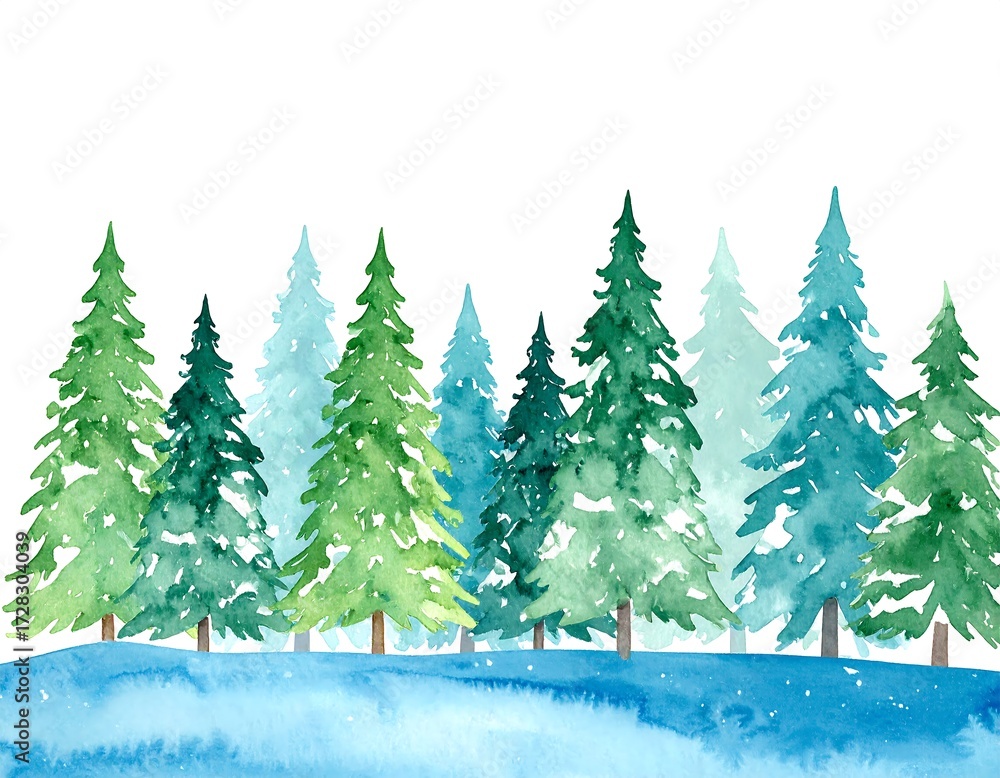 Fototapeta premium Watercolor winter forest scene (1)