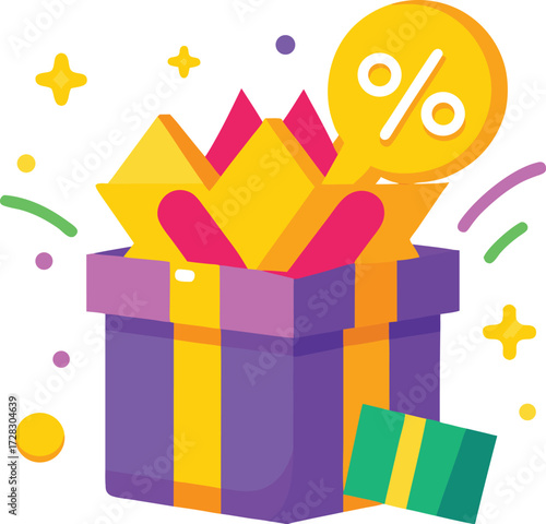 Surprise gift box with percentage sign and confetti