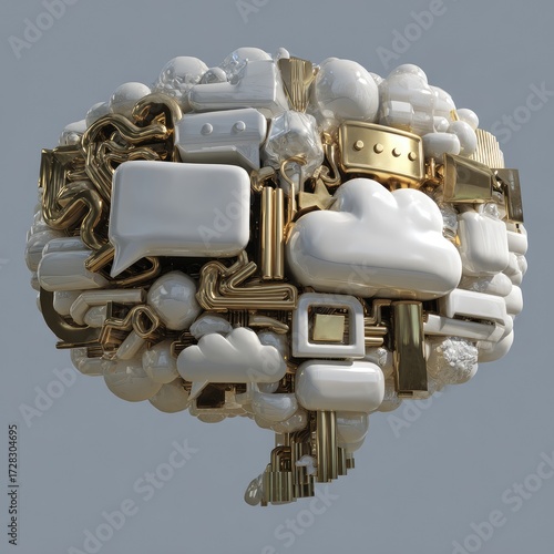 A complex, multifaceted artistic design featuring a cloud-like shape composed of various geometric forms, including white and gold elements, creating a sense of visual complexity and technological...