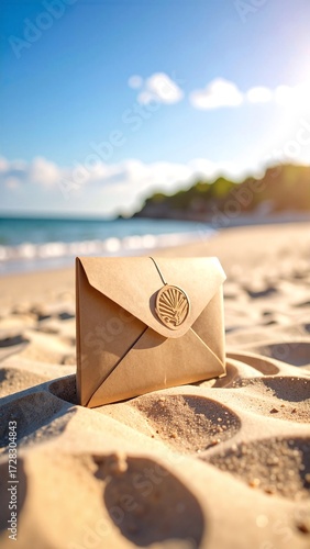 A weathered brown envelope rests on the golden sand of a sunlit beach, with gentle waves lapping nearby and seashells scattered around.