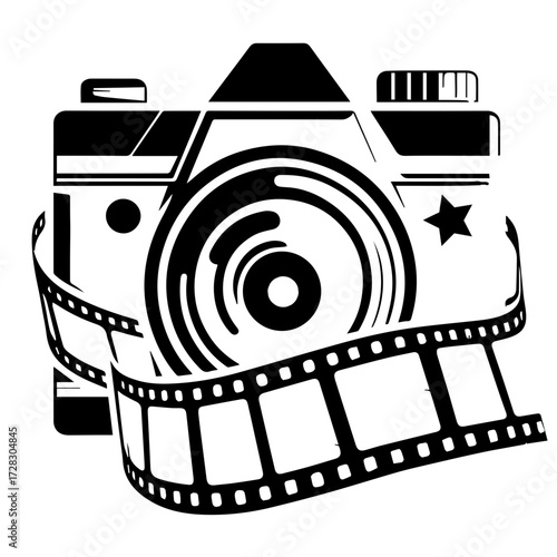 A stylized camera with a film strip wrapped around it in black and white vector illustration art