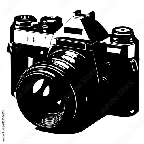 Illustration of a classic fe camera with a large lens in black and white graphic style rendering