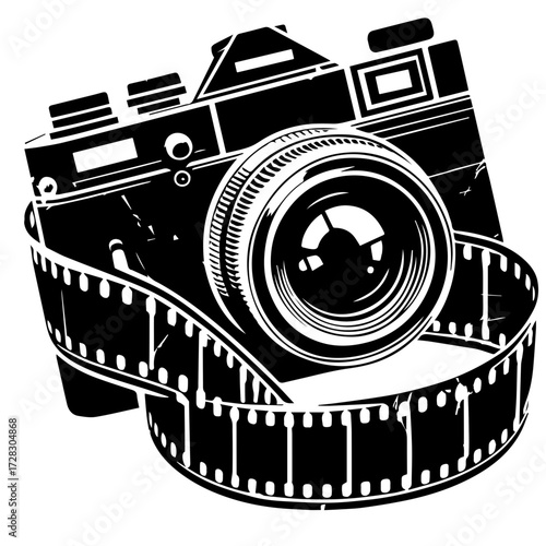 Illustration of a vintage camera with a film strip wrapped around it in black and white style art