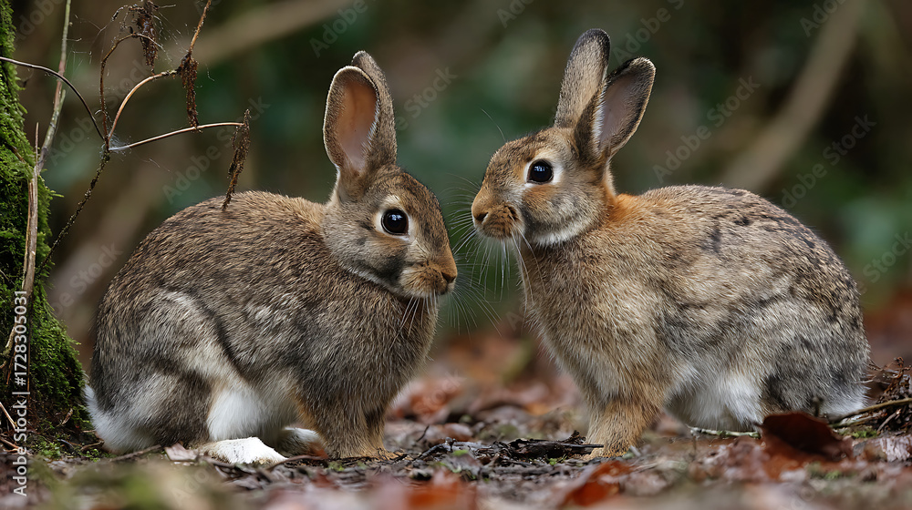 Fototapeta premium Two rabbits interacting with each other in a woodland setting (1)