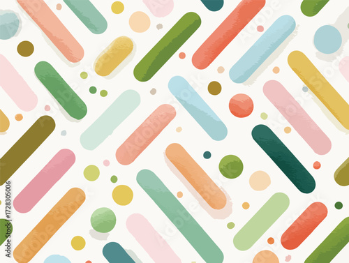 カラフルな棒状のオブジェクトと水玉模様が重なり合う、遊び心あふれる抽象的な背景デザイン。