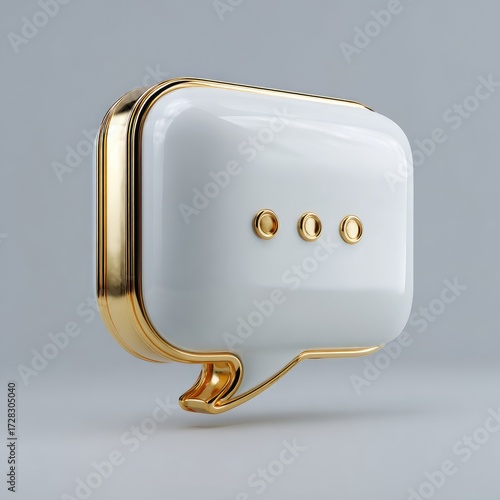 A glossy white speech bubble with a gold border, exhibiting a modern and elegant design, sits subtly against a neutral backdrop.