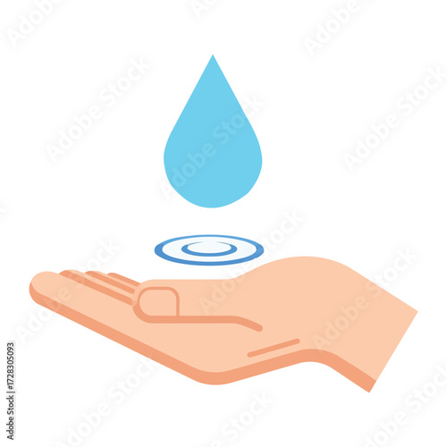 Vector illustration of  a stylized water droplet falling into a cupped hand, representing hydration and healthy fluid intake, holistic wellness