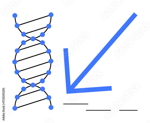 DNA strand structure with a large blue downward arrow crossing dashed lines. Ideal for genetics, medicine, analysis, biology, research, simplification, innovation. Clean and simple flat metaphor
