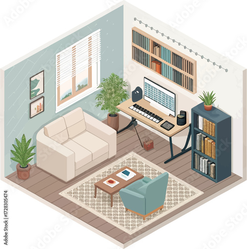 Modern home office interior with computer desk, bookshelves, and cozy seating