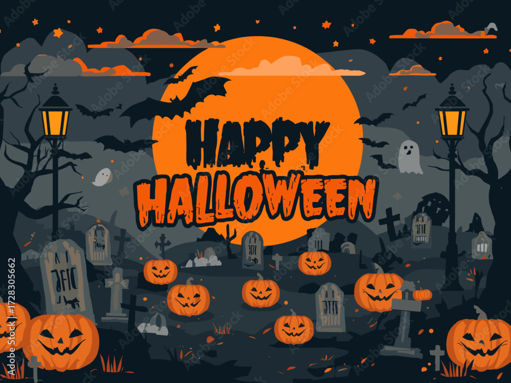 Fototapeta premium Happy Halloween Vector Illustration – Spooky Graveyard Scene with Pumpkins