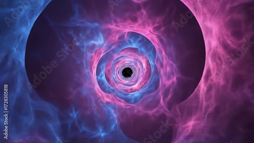 Swirling vortex of pink and blue hues leading to a dark center void, ethereal
