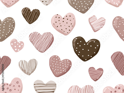 様々なデザインのハートが散りばめられた、甘く優しいバレンタインデーのベクターパターン。