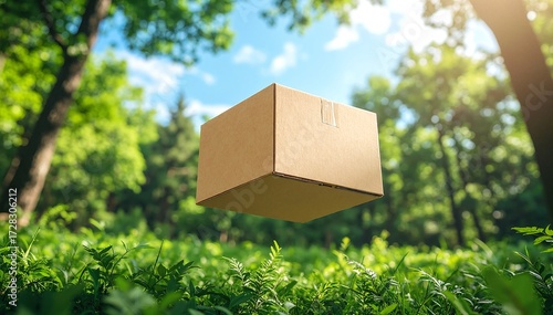 A large, brown cardboard box soars gracefully through a clear blue sky, its flaps flapping gently in the wind, evoking a sense of adventure and whimsy.