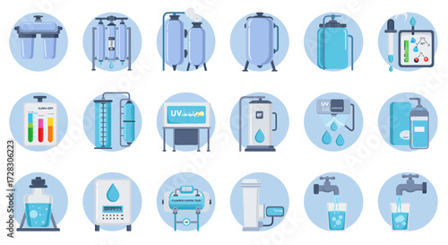 A grid of 15 circular icons depicting various water purification equipment and testing processes