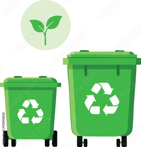 Two green recycling bins with recycle logo isolated on white background