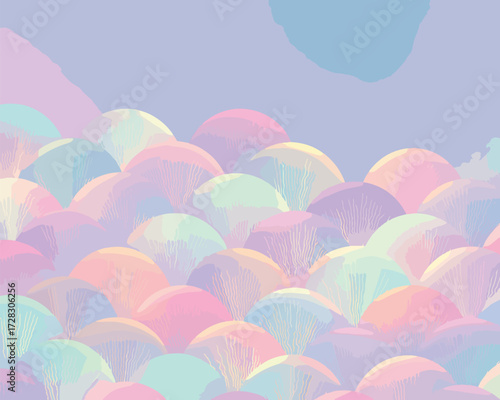 幻想的なパステルカラーの鱗模様が重なり合う、夢のような抽象的な背景