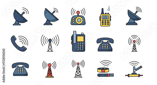 A grid of fifteen lineart icons depicting various communication technologies