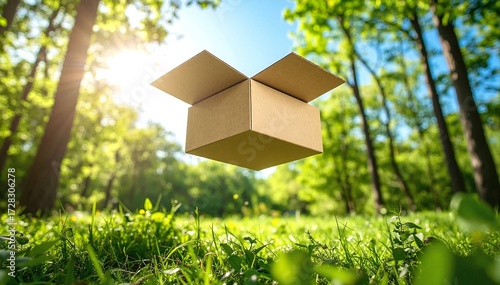 A weathered cardboard box sits amidst vibrant green grass, partially open, revealing crumpled paper inside, with sunlight casting soft shadows around it.