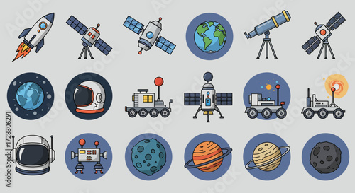A grid of 15 icons depicting rockets satellites Earth telescopes helmets rovers and celestial bodies