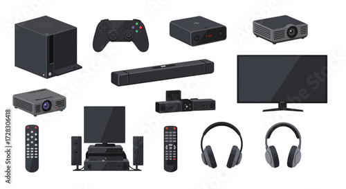 Assortment of black and gray home theater and electronic devices on white