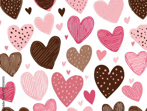 様々なタッチで描かれたピンクや茶色のハートが散りばめられた、バレンタインデーをテーマにしたシームレスなベクターパターン。