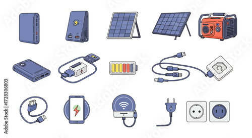 Collection of power banks solar panels charging cables and electrical outlets