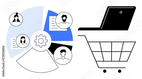 Laptop in shopping cart, pie chart with team avatars, gear icon symbolize collaboration, digital commerce. Ideal for business strategy, teamwork, online shopping, analytics, marketing e-commerce