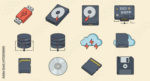Collection of twelve isometric icons representing various data storage devices and cloud computing