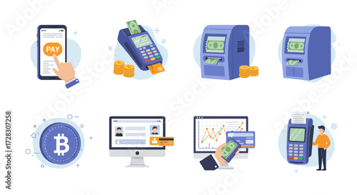 Flat design icons illustrating various digital and physical payment methods