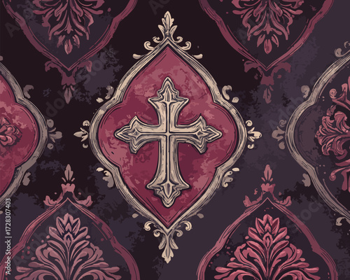 ゴシック様式の装飾的な十字架のモチーフとダマスク柄のシームレスな背景