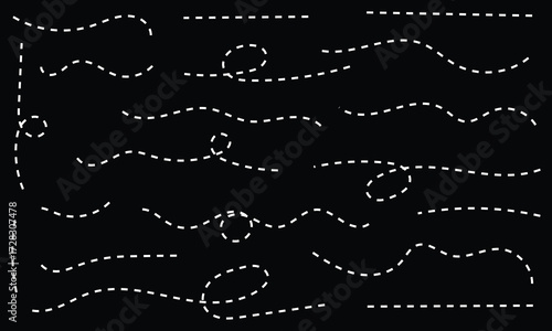 Hand drawn curve dotted line. Curly dotted line. Long dashed hand drawn squiggle. Dotted spiral curve line.
