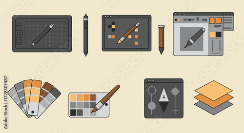 Flatstyle icons of digital art and design tools displayed on a beige background