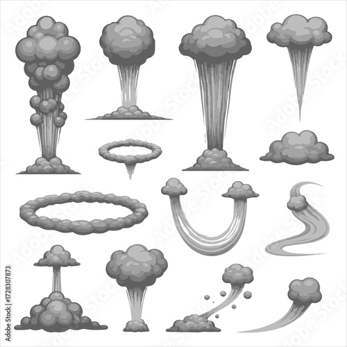 Explosive cartoon smoke clouds. Manga-style dark smoke puffs and swirling clouds, bomb explosions, dust and vapor steam, fire blast effects, and car exhaust. Vector isolated set.