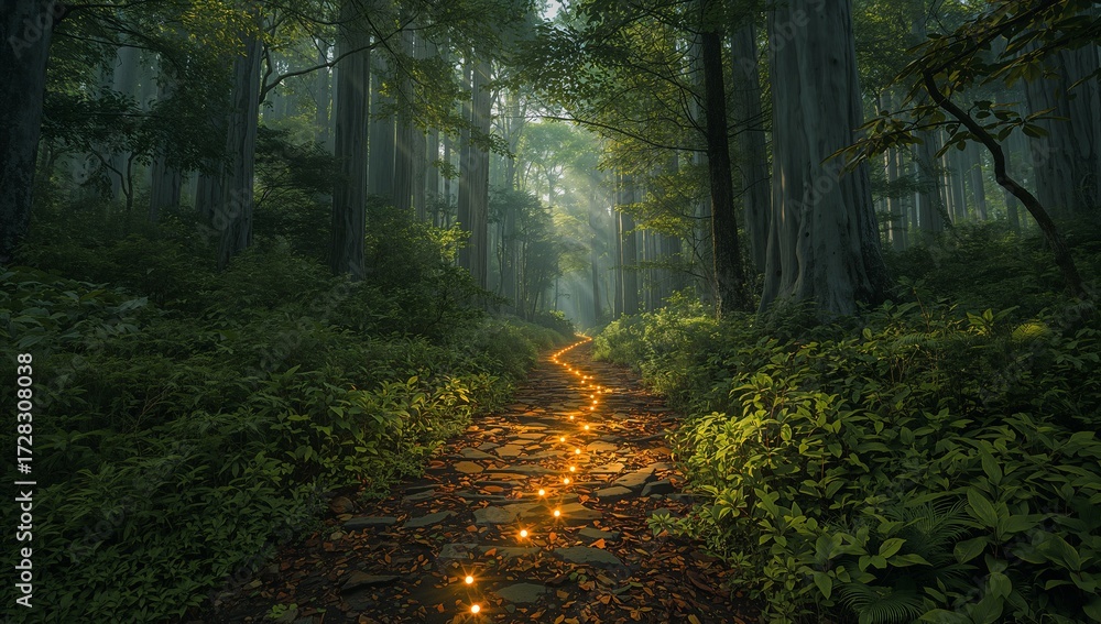 Obraz premium A winding path illuminated by glowing lights through a lush forest