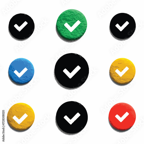 様々な色の丸いボタンにチェックマークが表示されている様子は、選択や承認を象徴しています。