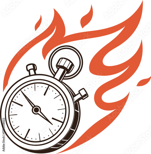 Vector illustration of stopwatch with flames, representing speed, urgency, and time-sensitive fitness goals, promoting efficiency and intensity