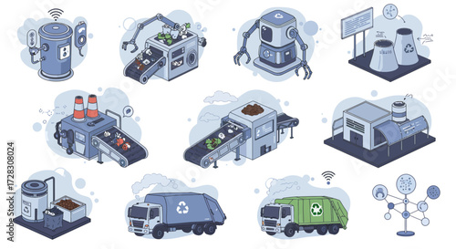 Isometric illustrations depicting a smart waste management and recycling process flow
