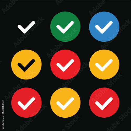 確認完了を示すチェックマークのアイコンセット、様々な色とサイズで表現されたベクターグラフィック。