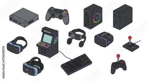 Isometric illustrations of various video game hardware and peripherals on a white background