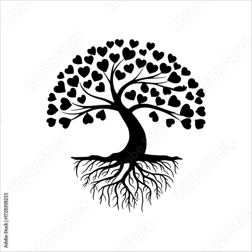 Romantic love tree silhouette with heart shaped leaves, cute decorative vector illustration design
