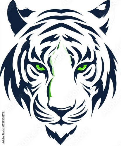 Intricate graphic of a white tiger's head, showcasing bold black outlines and vibrant green eyes, against a stark white background.