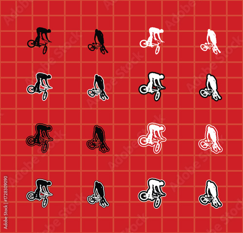BMX Flatland Athlete Icons for Sport Design set of black silhouettes of a male athlete performing various BMX flatland tricks, including spinning, balancing, and handlebar stunts