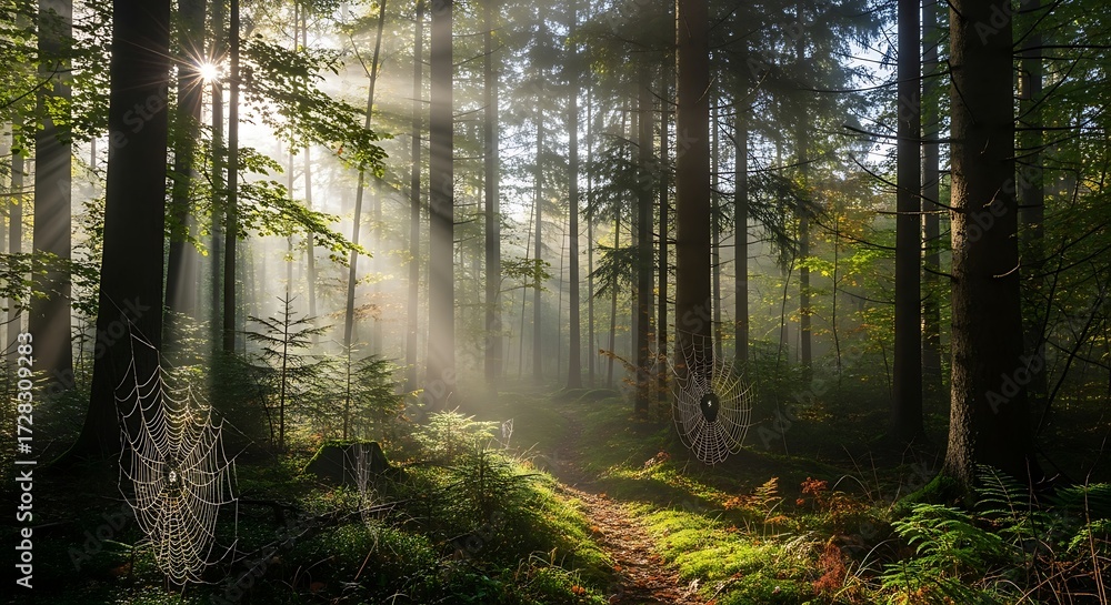 Obraz premium Sunlight Filtering Through Misty Forest.
