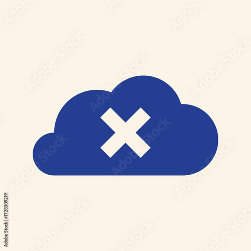 Bold blue cloud icon with a white cross symbol signifies data deletion or error in digital storage solutions