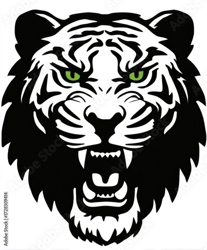 Bold tiger head graphic with intense, roaring expression.