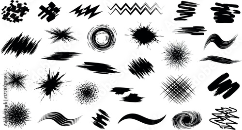 Vector art of assortment of black abstract brush strokes and ink splatters