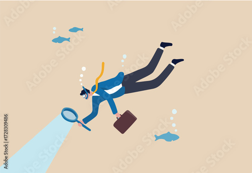 Deep dive analysis, discover business problem and improvement, research and strategy to develop and explore market and optimization, businessman scuba diving with magnifying glass in deep blue ocean.